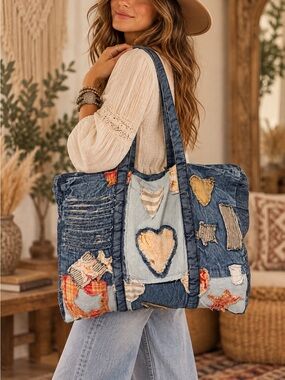 NWT POL Patchwork Denim Tote Bag - 19" across , 15" high ☮️ ❤️ ✨